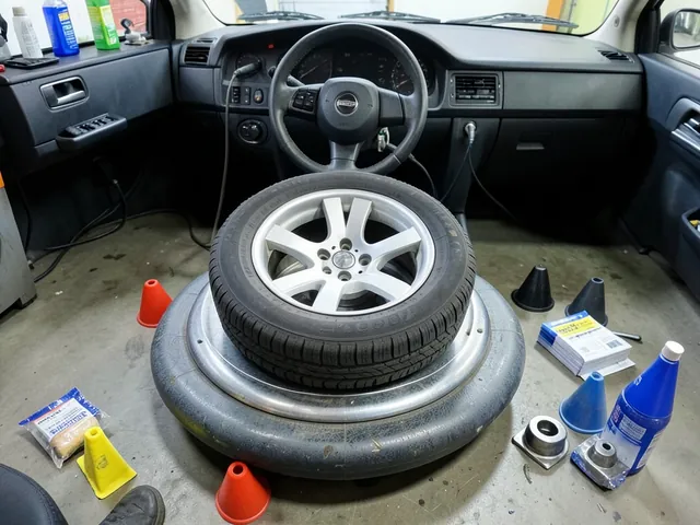 Wheel and tire assembly resting on a bubble balancer beside centering cones and wheel weights