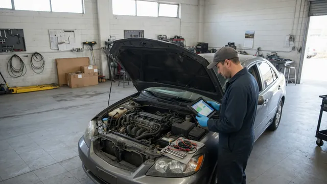 Technician reviewing diagnostic scan data beside a parked car with its hood open