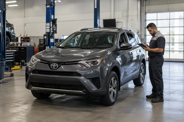 Toyota RAV4 in a service bay with a technician reviewing transmission service information