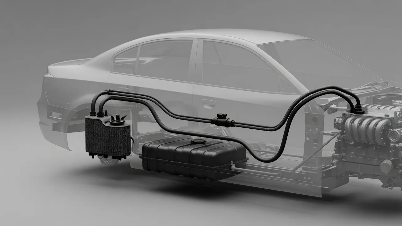 Illustration of an automotive EVAP system connecting the fuel tank, charcoal canister and engine
