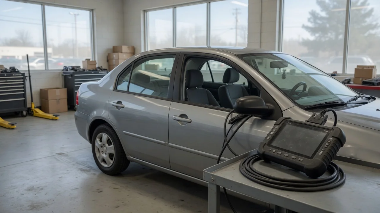 Diagnostic scanner displaying P1132 beside a parked vehicle in an automotive workshop