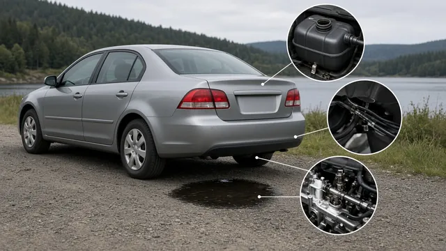 Parked car with a small puddle beneath the rear and detail insets showing potential fuel leak sources.