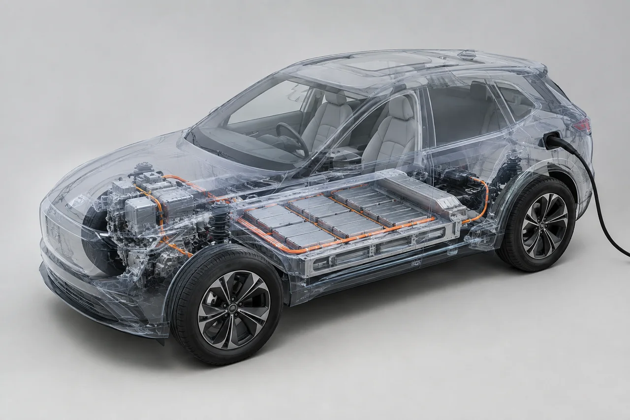 Cutaway illustration of an EV battery pack showing cells, cooling channels, and a protective enclosure