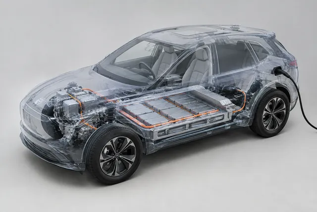 Cutaway illustration of an EV battery pack showing cells, cooling channels, and a protective enclosure