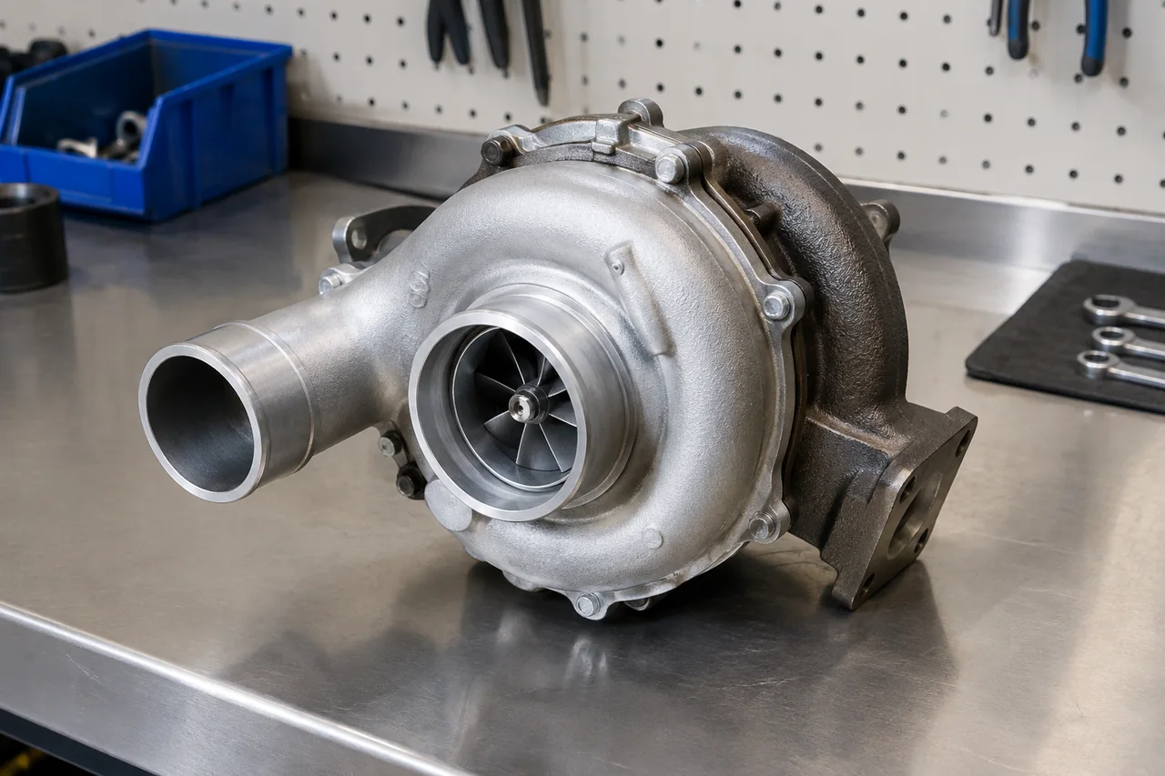 Turbocharger on a clean workshop bench with its compressor housing and wheel visible