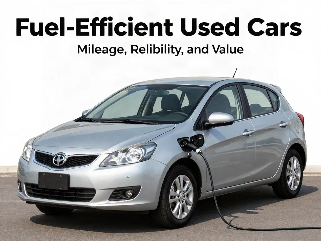 Used compact sedan and hatchback parked at a dealership with fuel economy information on their windows