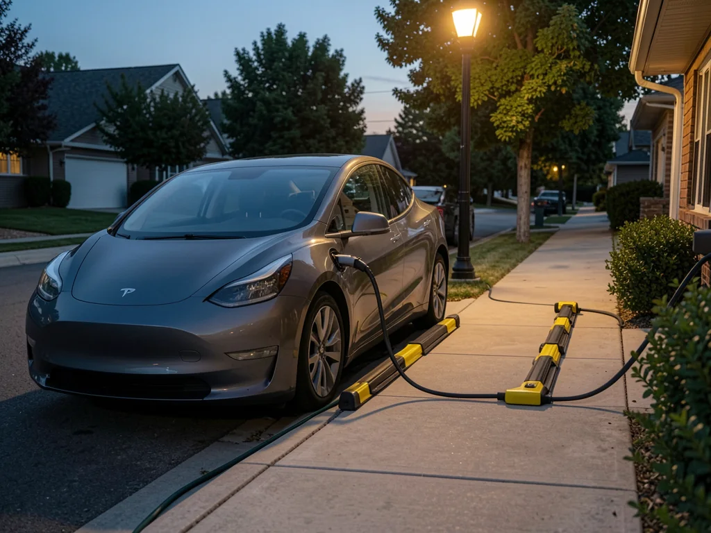 EV charging cable routed across a residential sidewalk inside a yellow and black cable protector ramp