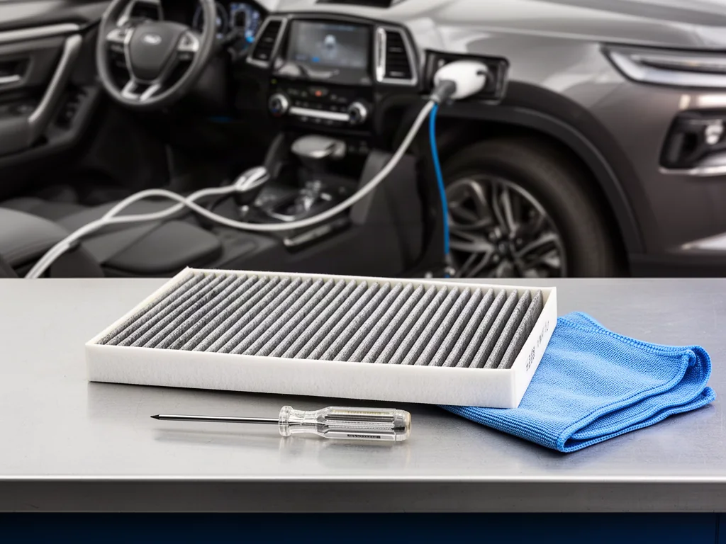 Cabin air filter and basic hand tools arranged for an Audi Q5 maintenance task