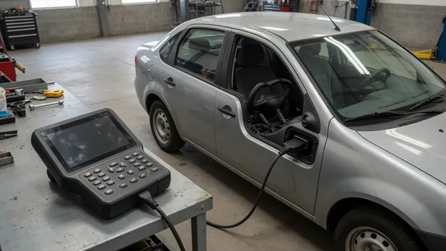Diagnostic scan tool displaying P1698 beside a vehicle dashboard