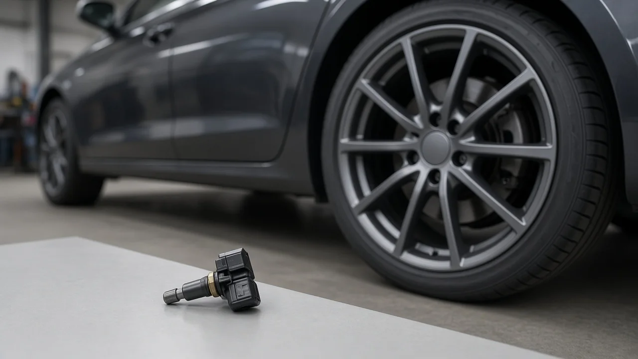 Jeep Wrangler wheel and tire with a TPMS sensor displayed beside the valve stem