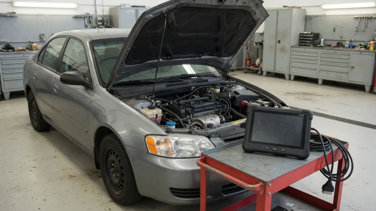 Diagnostic scanner beside a parked vehicle with its hood open in a repair shop