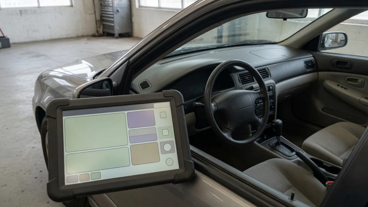 Diagnostic scan tool beside a vehicle dashboard showing the P1505 trouble code
