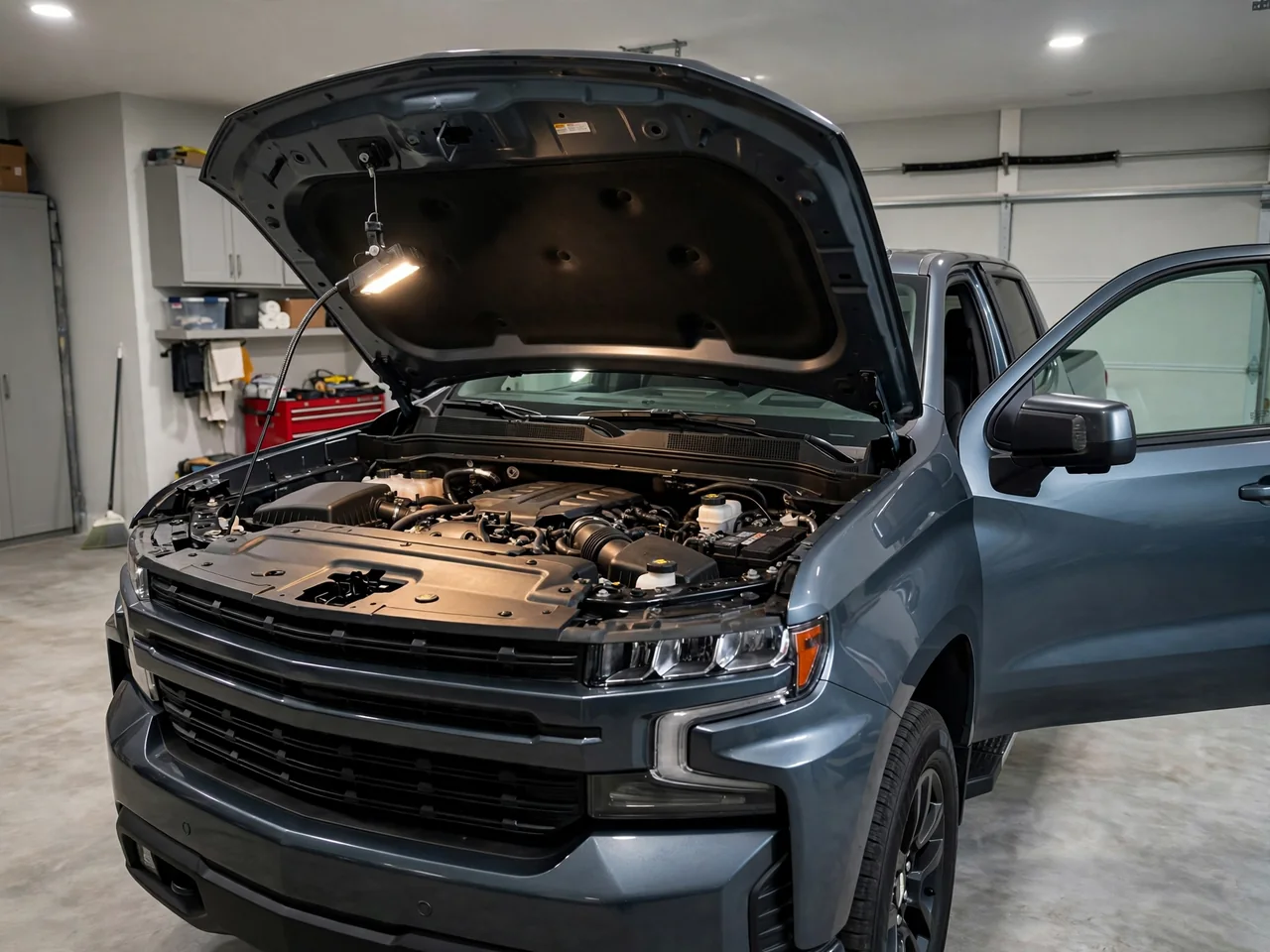Chevy truck with its hood open for an EGR system inspection in a garage