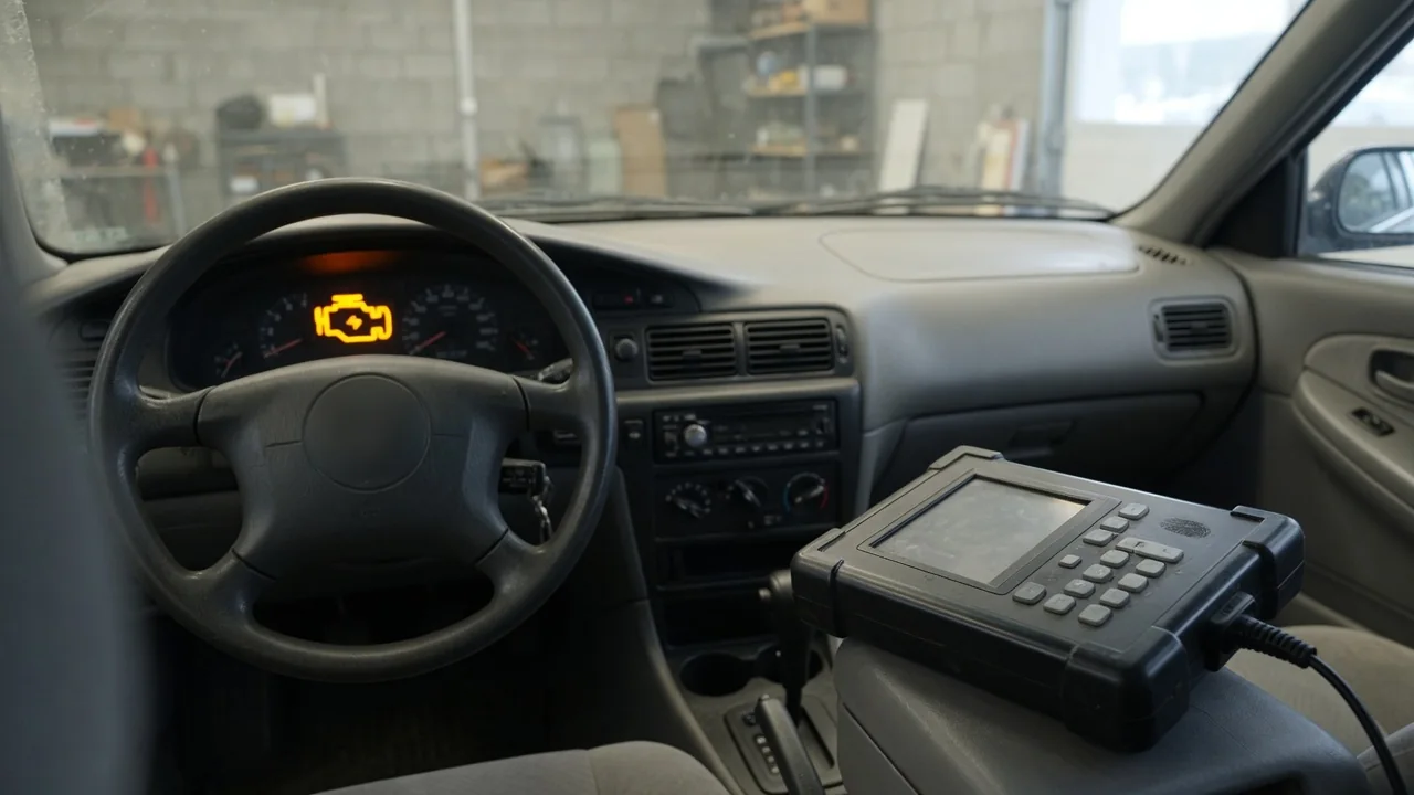Diagnostic scanner beside a vehicle dashboard displaying a check engine light