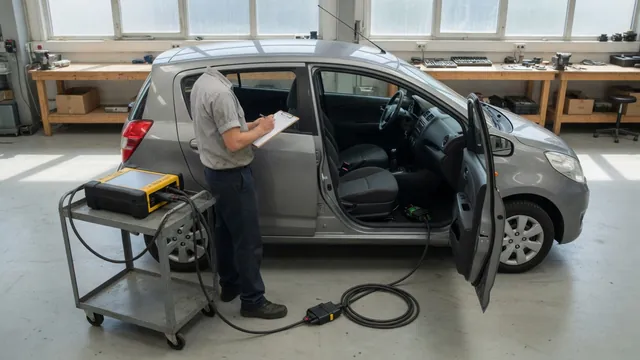 Diagnostic scanner connected beneath a vehicle dashboard while a technician records vehicle details