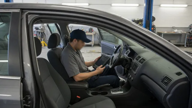 Diagnostic scanner connected inside a parked vehicle with a technician recording fault information