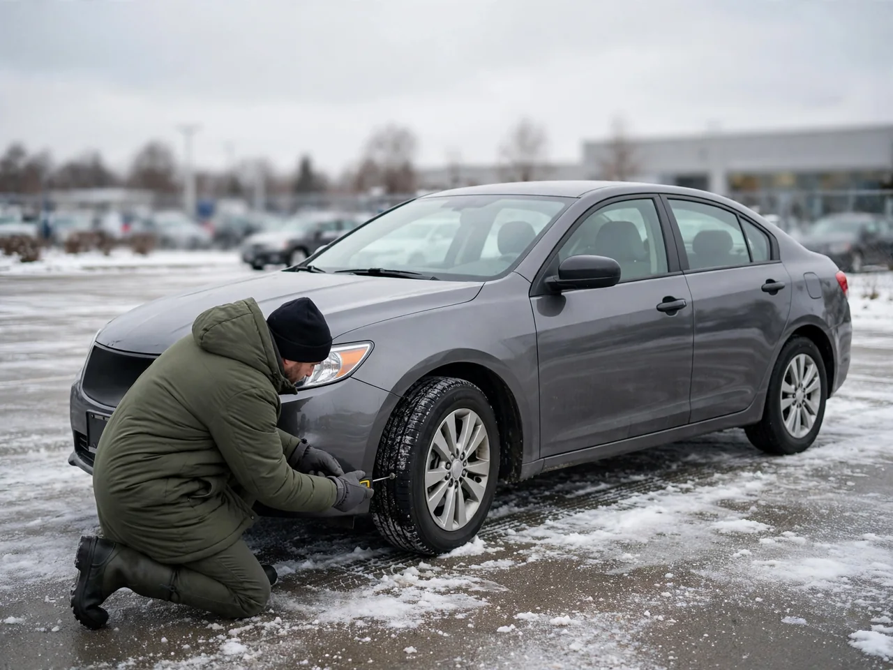 Person checking tire tread depth on a used sedan parked in a snowy lot before buying it for winter driving