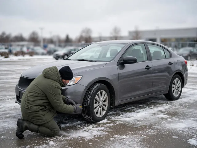 Person checking tire tread depth on a used sedan parked in a snowy lot before buying it for winter driving