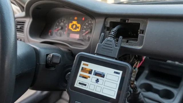 OBD-II scan tool plugged into a car's diagnostic port with the check engine light on in the background
