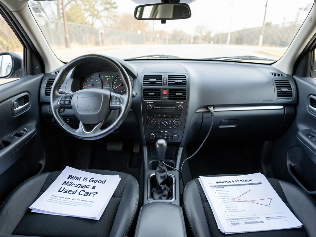 Used car odometer with maintenance records and a buyer’s inspection checklist nearby