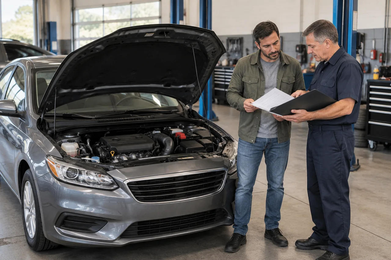A buyer and a mechanic go over engine invoices and warranty papers next to a used car with its hood open