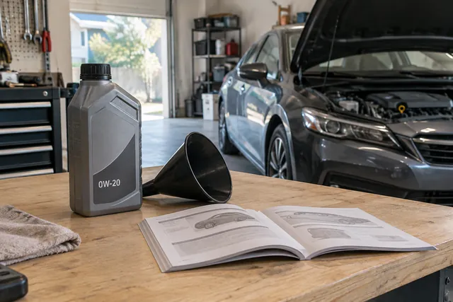 Engine oil bottle labeled 0W-20 beside an owner’s manual and a clean oil funnel