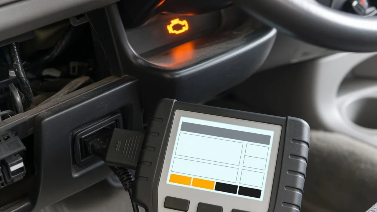 OBD-II scan tool plugged into a car's diagnostic port with the check engine light on in the background