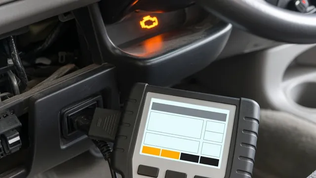 OBD-II scan tool plugged into a car's diagnostic port with the check engine light on in the background