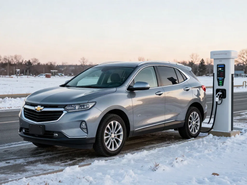 Chevrolet Equinox EV parked at a charging station beside a road on a cold winter morning