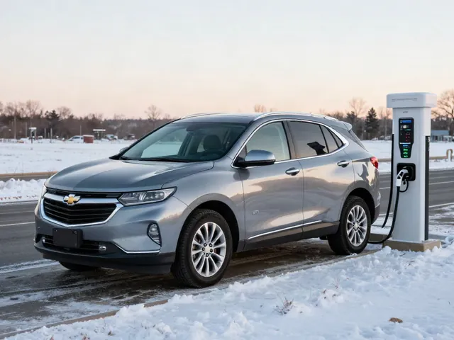 Chevrolet Equinox EV parked at a charging station beside a road on a cold winter morning
