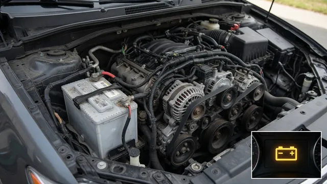 Vehicle battery and alternator with an illuminated charging warning lamp shown in an inset