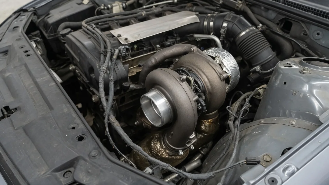Turbocharger housing and nearby sensor wiring in an engine bay with the engine off