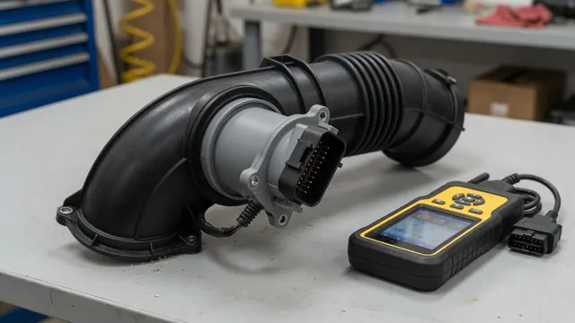 Illustration of a mass air flow sensor in an intake duct with a diagnostic scanner nearby