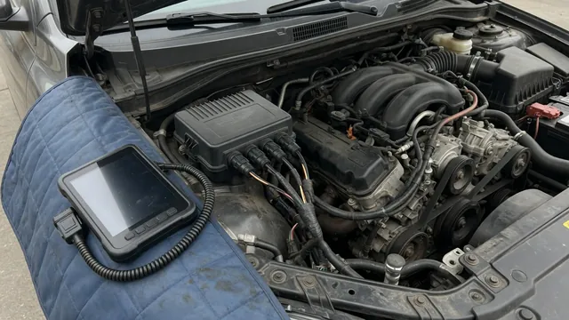 Diesel engine glow plug control module with wiring connectors and a diagnostic scanner nearby