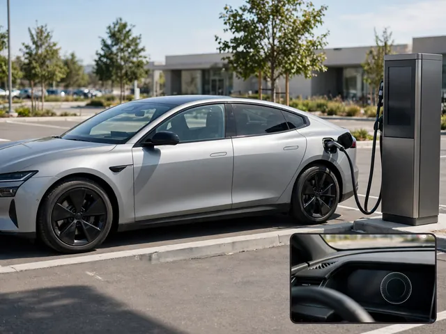 Hydrogen fuel cell car beside a hydrogen dispenser with a dashboard range display visible