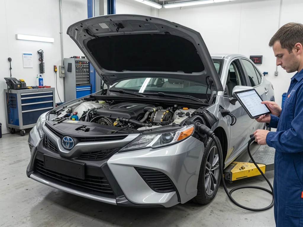 Toyota Camry in a service bay with a technician reviewing an engine repair estimate