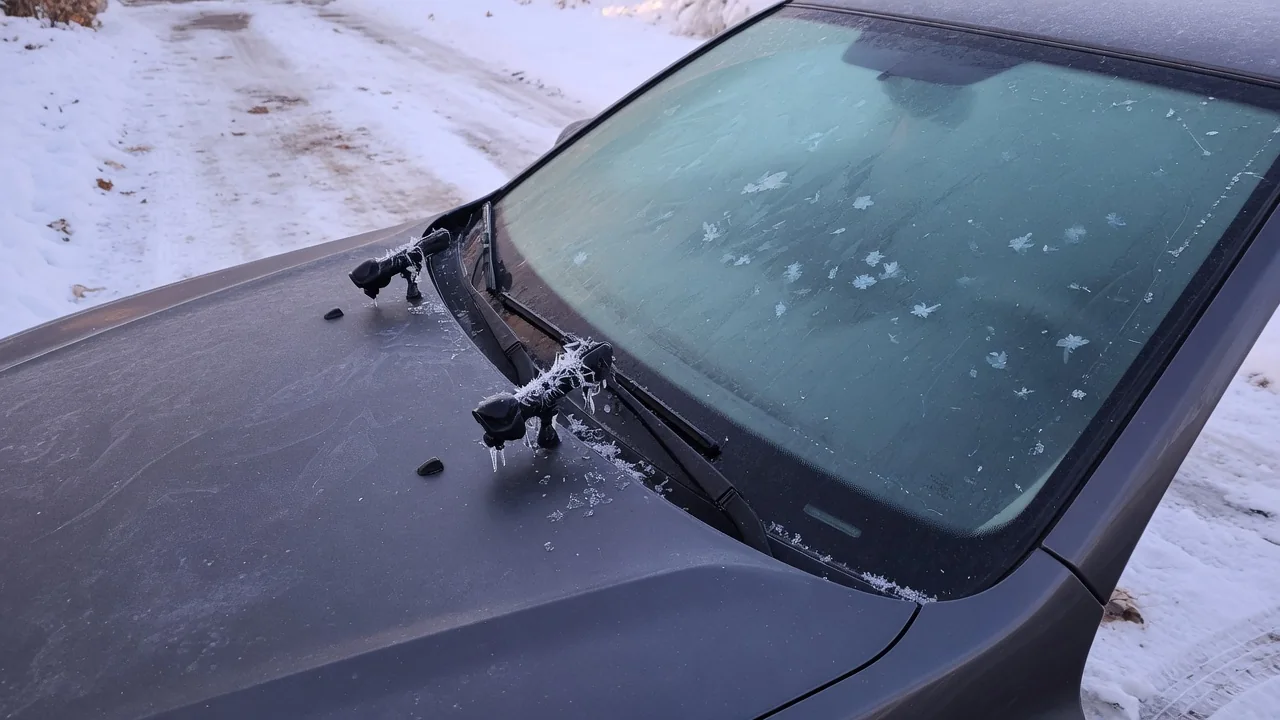 Frost-covered windshield washer nozzles on a car hood on a cold winter morning