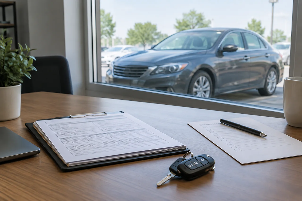 Vehicle title paperwork and inspection notes beside a used car with keys on a desk