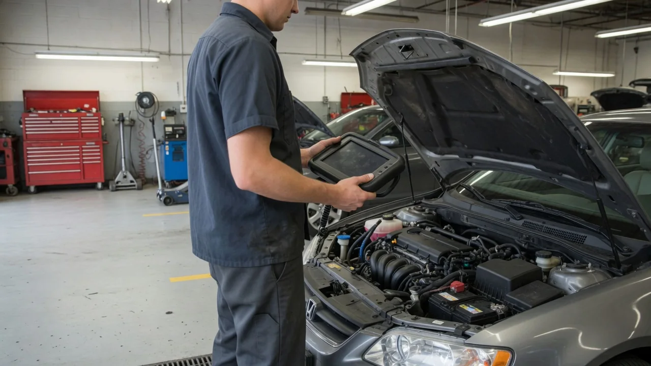 Technician reviewing scan data beside an engine bay during a throttle position circuit diagnosis