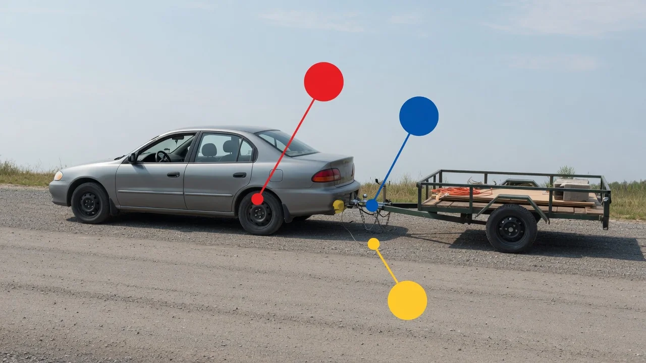 Car and small trailer with labeled illustrations of vehicle weight, tongue weight, and combined weight