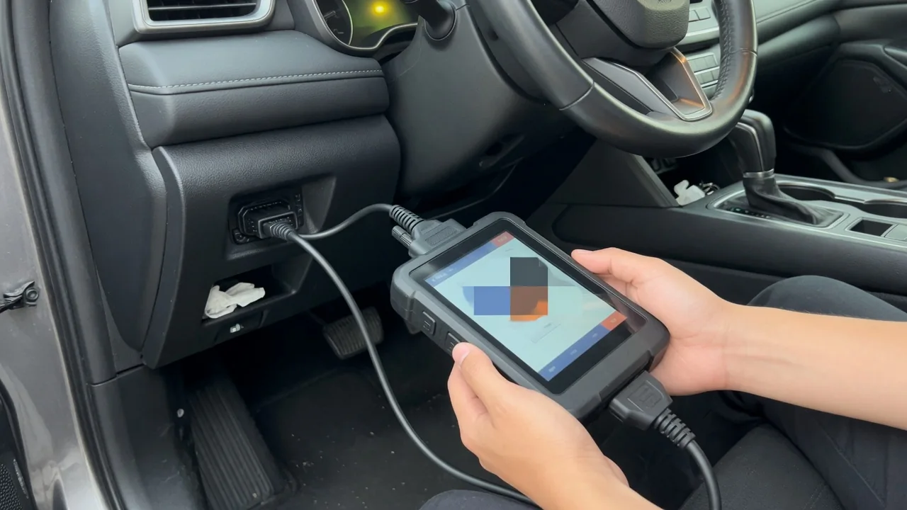 OBD-II scan tool connected under a car dashboard displaying a diagnostic trouble code