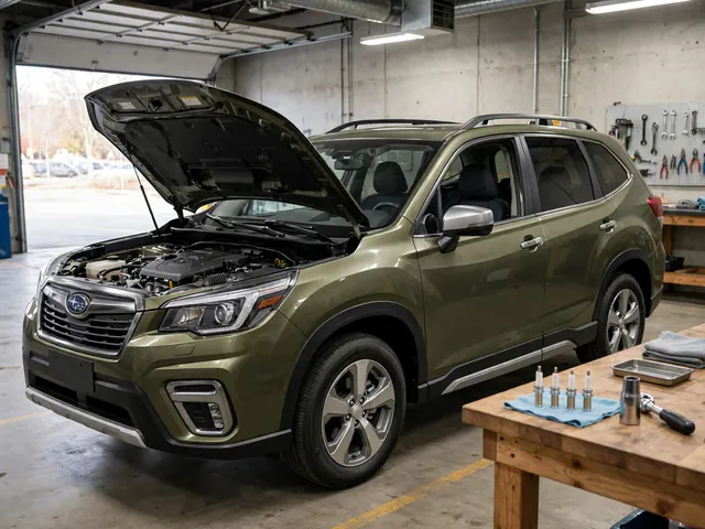 Subaru Forester engine bay with spark plugs and a socket arranged on a nearby workbench
