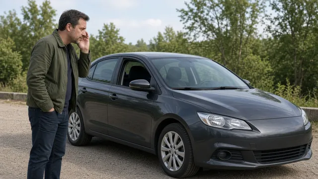 Driver listening to a parked car during startup from a safe position beside the vehicle