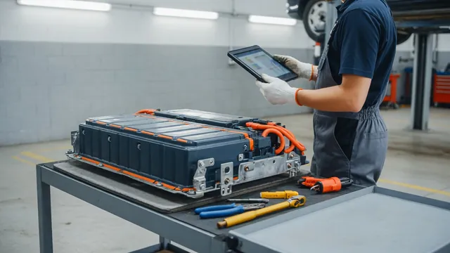 Technician in insulated gloves with a diagnostic tablet next to a hybrid high-voltage battery pack in a service bay