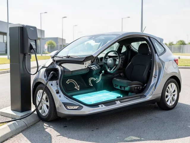 Illustration of an electric car connected to a charging station with a cutaway showing energy flowing into the battery pack