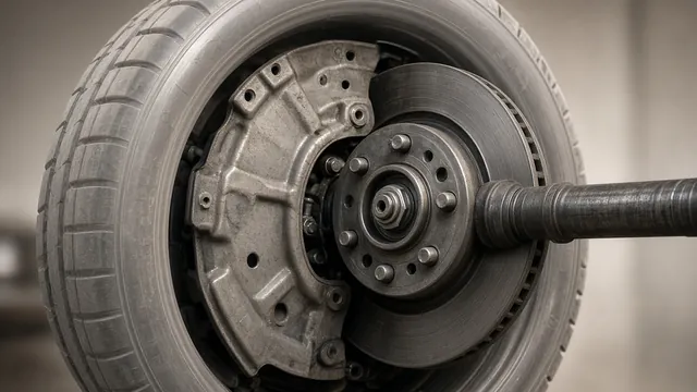 Front wheel and brake assembly with the bearing, CV joint, and brake shield visible