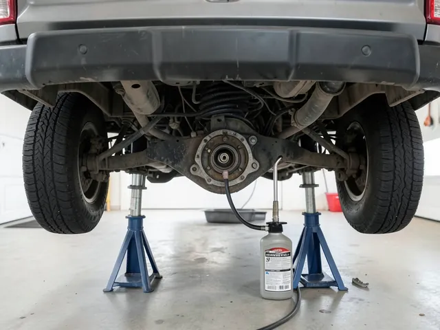 Hand pump filling a rear differential through its fill plug on a truck raised on jack stands