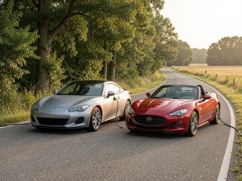 Sporty compact coupe and two-seat roadster parked beside a quiet road