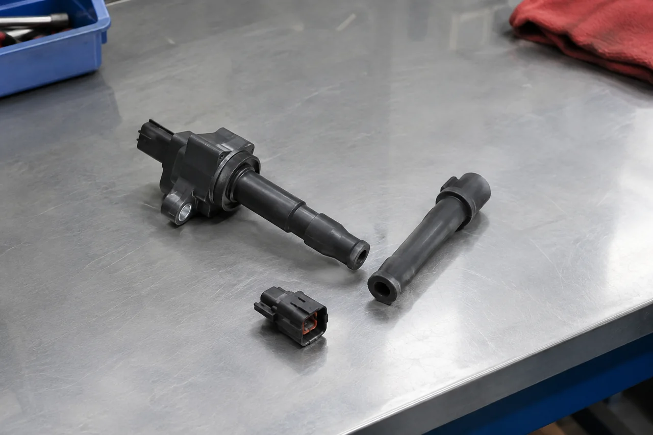Ignition coil with a separate spark plug boot and electrical connector on a clean workbench