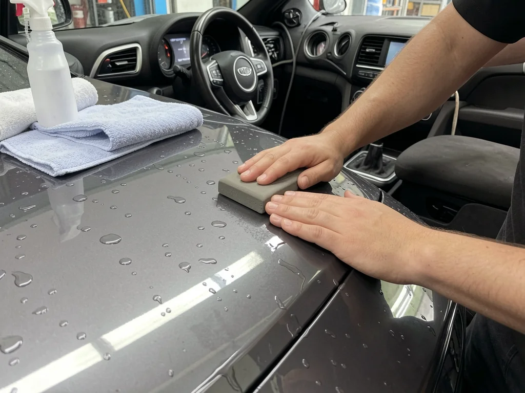 Hands gliding a detailing clay bar over a lubricated car hood beside a clean microfiber towel.